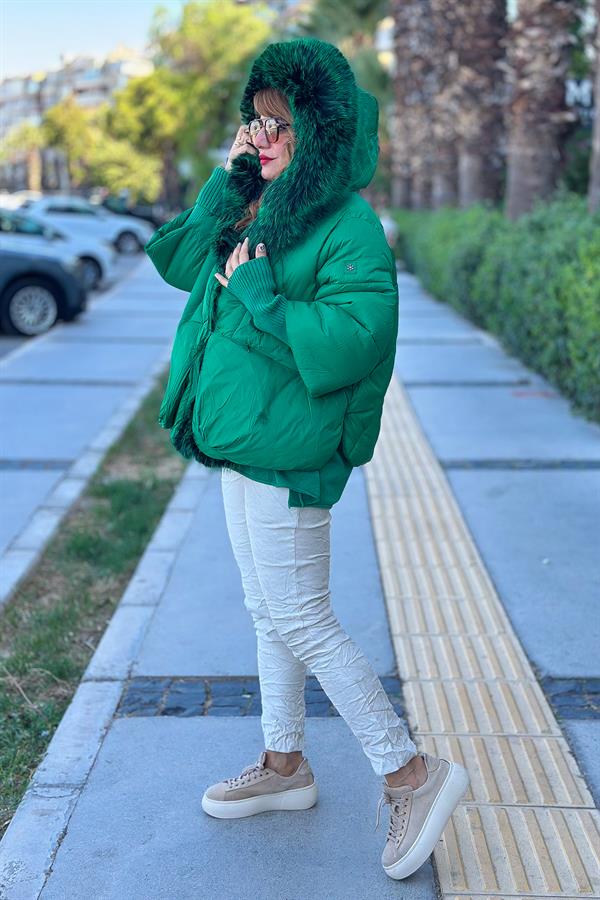 Premium Büyük Kürklü Mont Yeşil Renk
