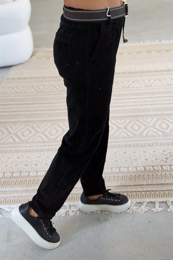 Premium İnce Fitilli Kemerli Kadife Pantolon Siyah Renk