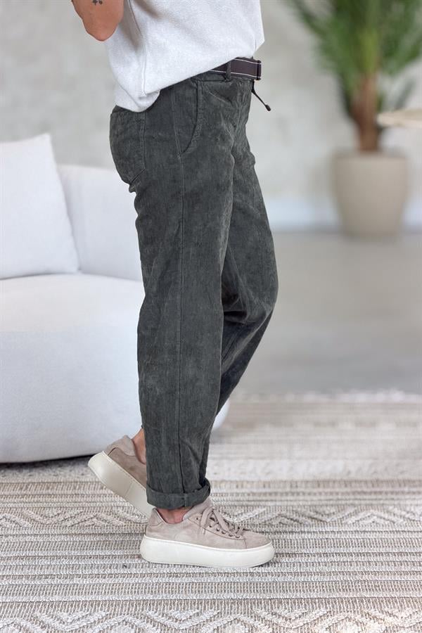 Premium İnce Fitilli Kemerli Kadife Pantolon Haki Renk