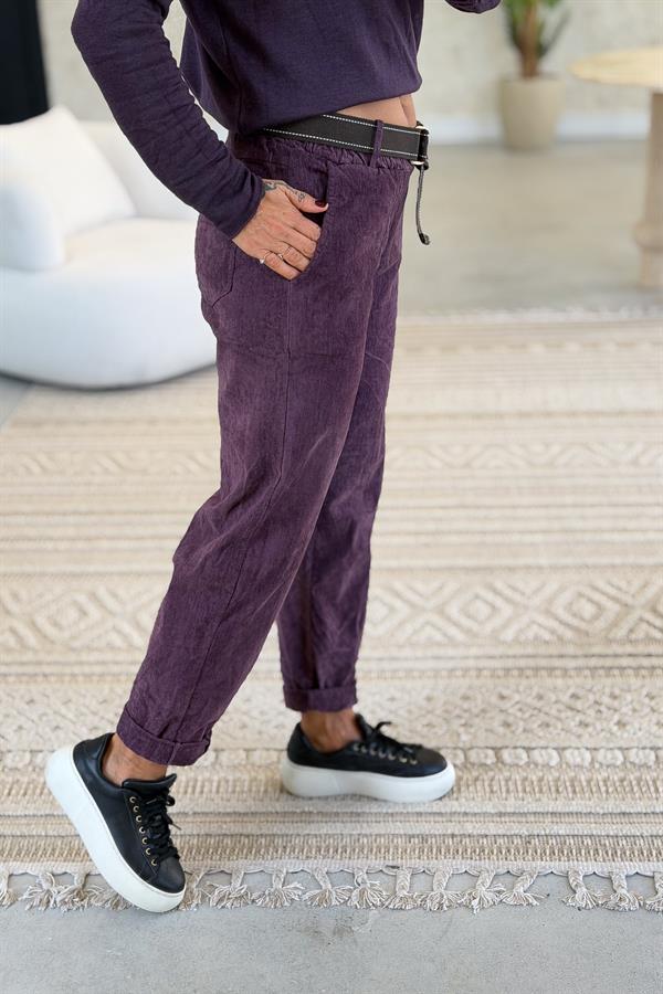 Premium İnce Fitilli Kemerli Kadife Pantolon Mürdüm Renk