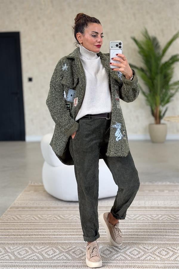 Premium İnce Fitilli Kemerli Kadife Pantolon Haki Renk