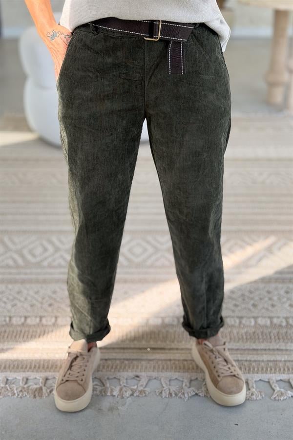 Premium İnce Fitilli Kemerli Kadife Pantolon Haki Renk