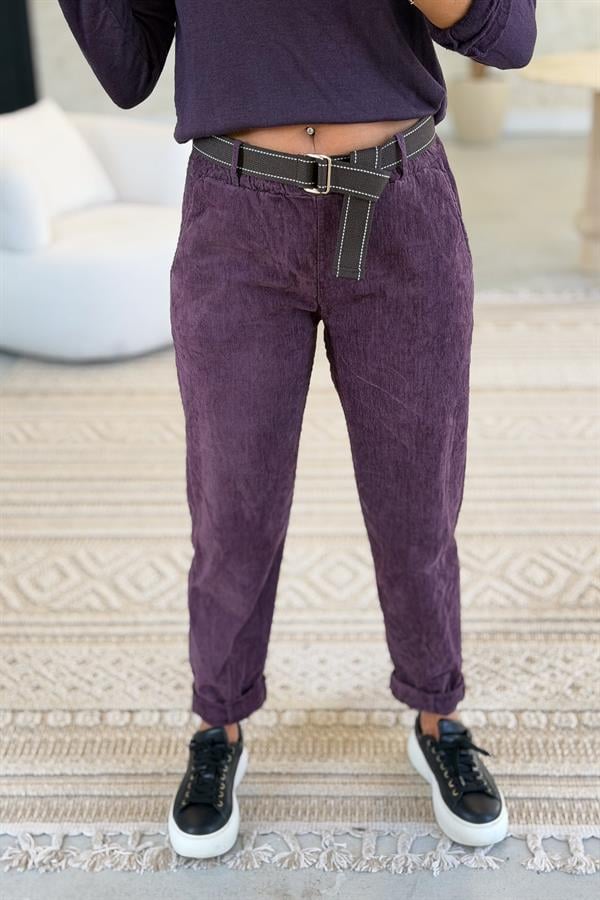 Premium İnce Fitilli Kemerli Kadife Pantolon Mürdüm Renk