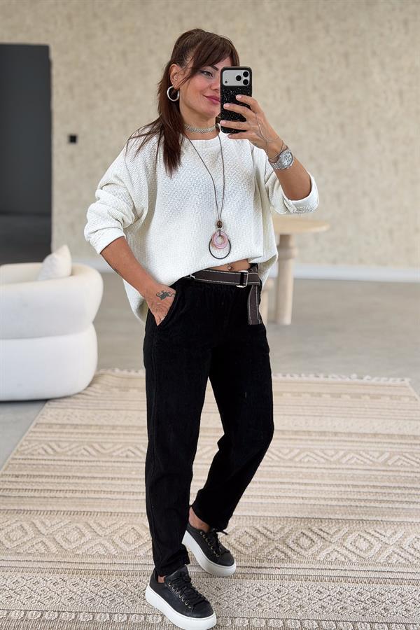 Premium İnce Fitilli Kemerli Kadife Pantolon Siyah Renk