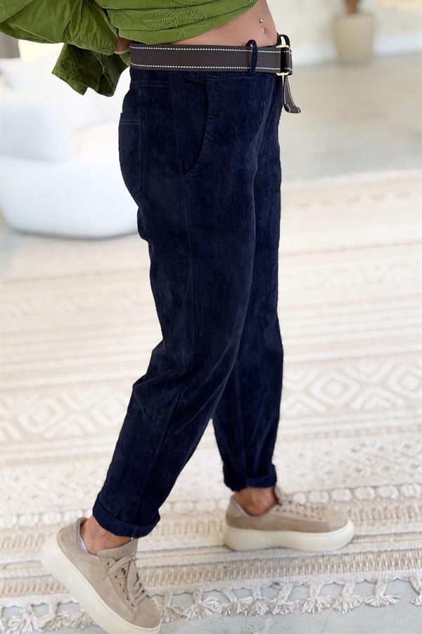 Premium İnce Fitilli Kemerli Kadife Pantolon Lacivert Renk