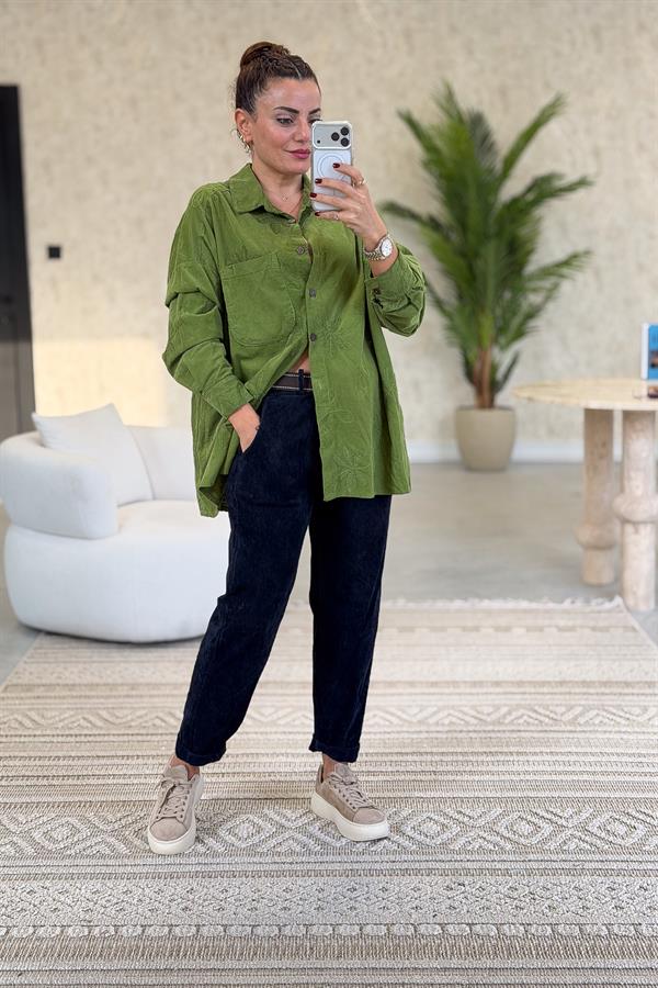 Premium İnce Fitilli Kemerli Kadife Pantolon Lacivert Renk