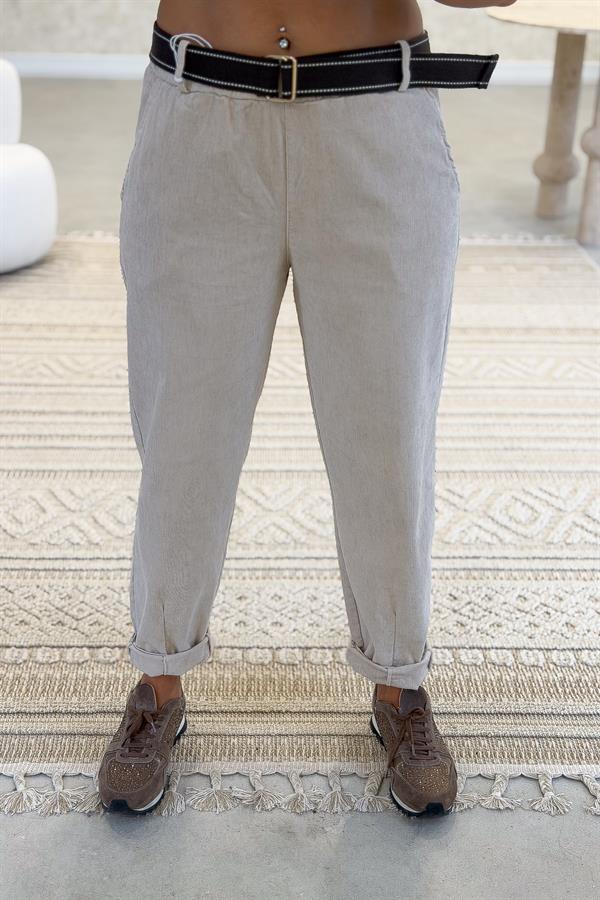 Premium İnce Fitilli Kemerli Kadife Pantolon Bej Renk