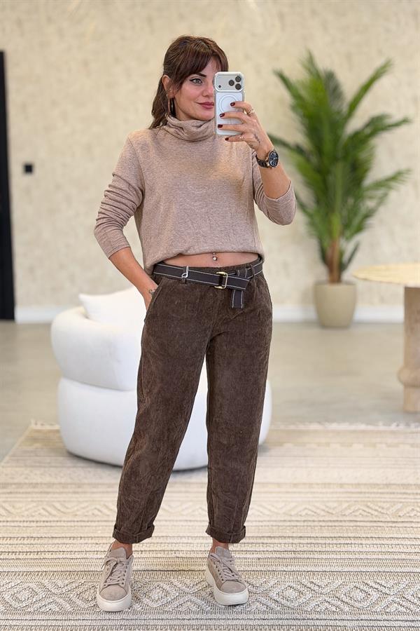 Premium İnce Fitilli Kemerli Kadife Pantolon Kahverengi Renk
