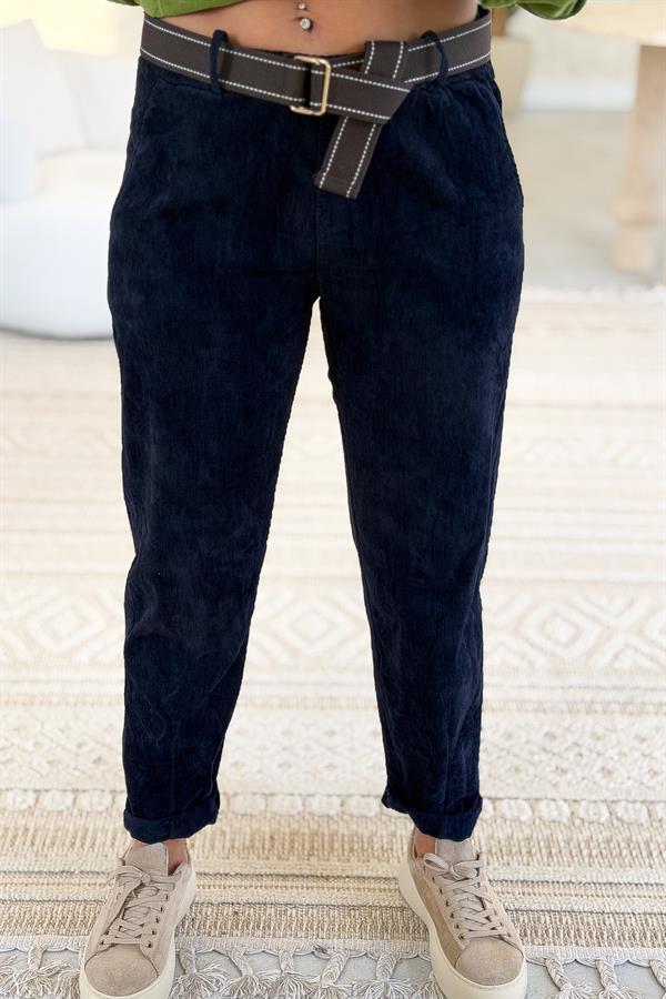 Premium İnce Fitilli Kemerli Kadife Pantolon Lacivert Renk