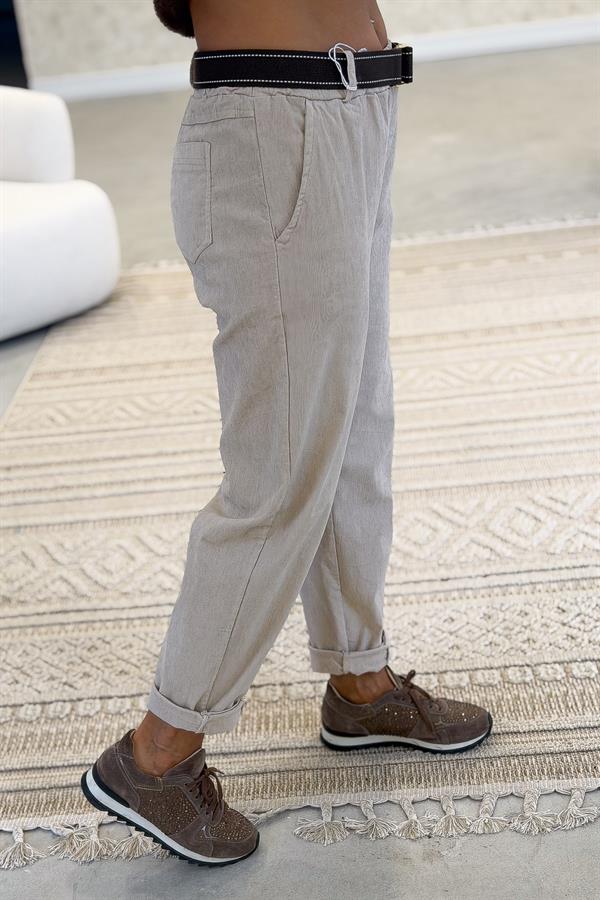 Premium İnce Fitilli Kemerli Kadife Pantolon Bej Renk