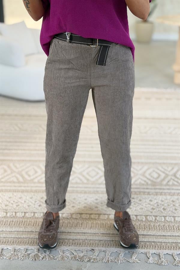 Premium İnce Fitilli Kemerli Kadife Pantolon Vizon Renk