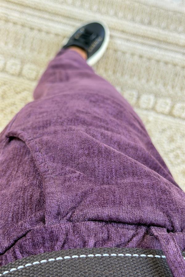 Premium İnce Fitilli Kemerli Kadife Pantolon Mürdüm Renk