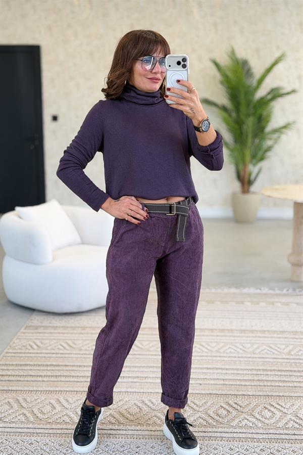 Premium İnce Fitilli Kemerli Kadife Pantolon Mürdüm Renk