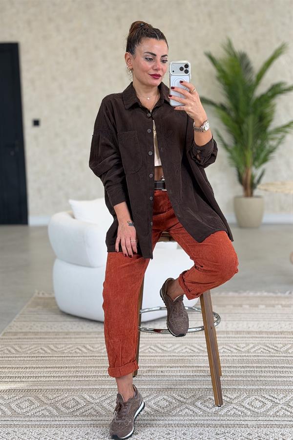 Premium İnce Fitilli Kemerli Kadife Pantolon Kiremit Renk