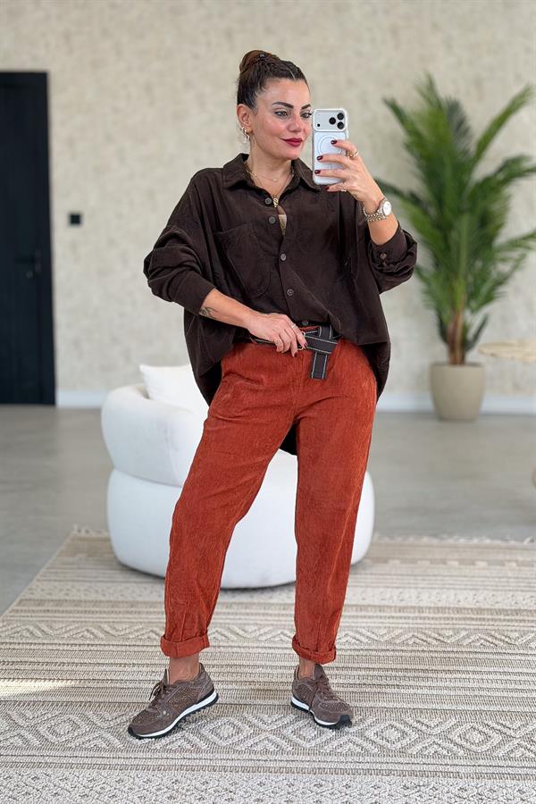 Premium İnce Fitilli Kemerli Kadife Pantolon Kiremit Renk