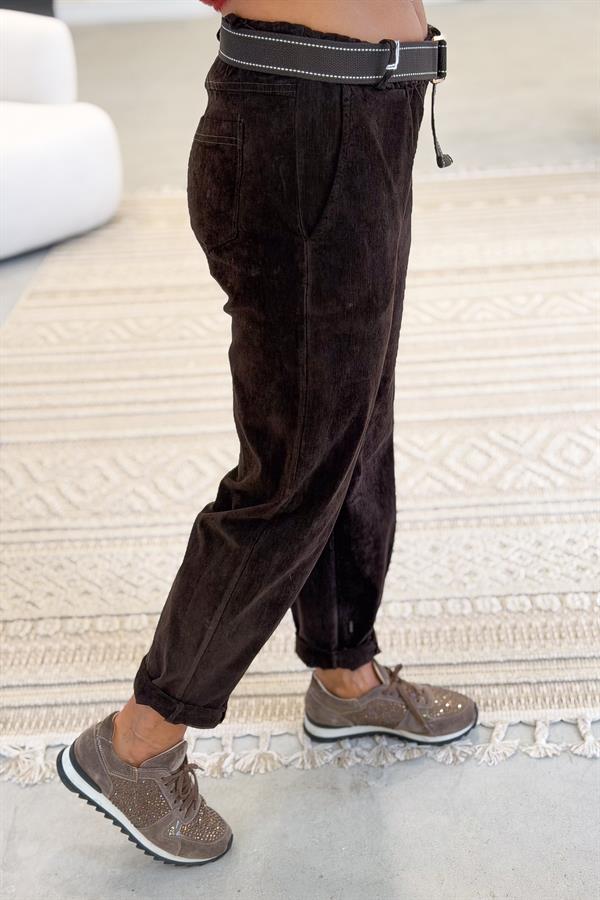 Premium İnce Fitilli Kemerli Kadife Pantolon Acı Kahve Renk