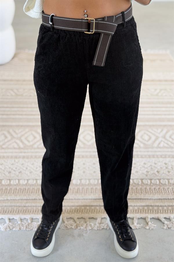 Premium İnce Fitilli Kemerli Kadife Pantolon Siyah Renk