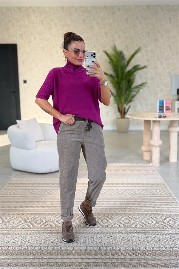 Premium İnce Fitilli Kemerli Kadife Pantolon Vizon Renk