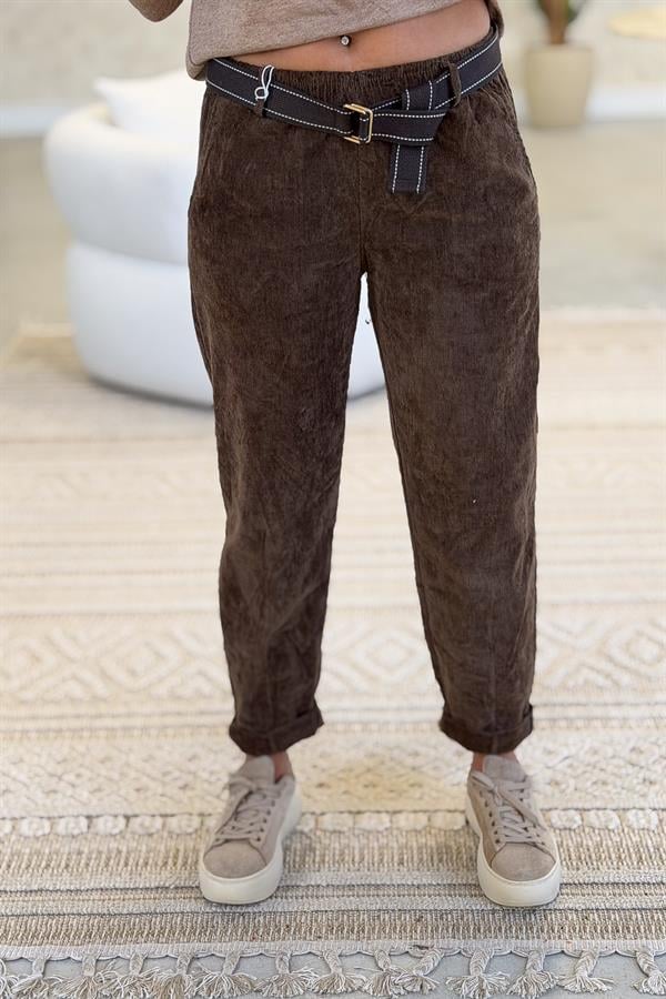 Premium İnce Fitilli Kemerli Kadife Pantolon Kahverengi Renk