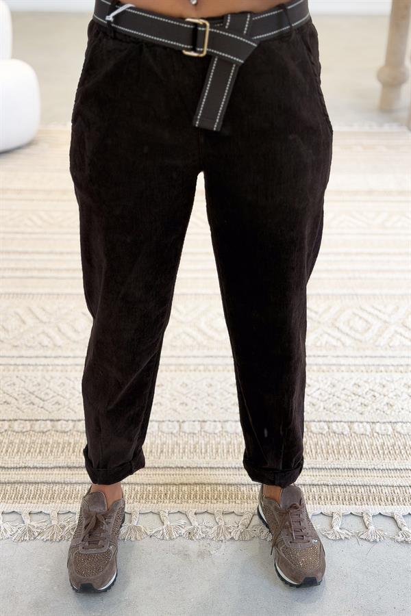 Premium İnce Fitilli Kemerli Kadife Pantolon Acı Kahve Renk