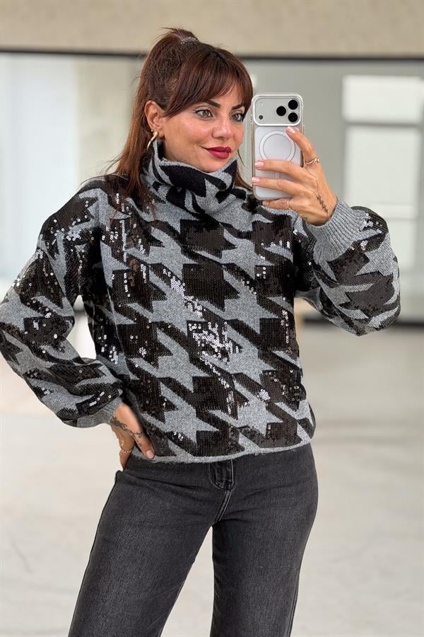 Pul Payetli Balıkçı Yaka Premium Kazak Gri Renk