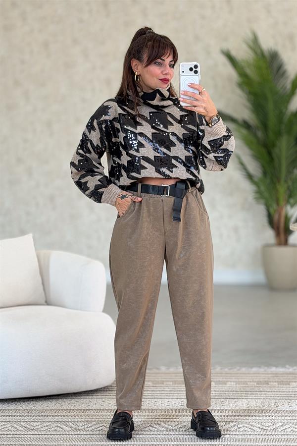 Pul Payetli Balıkçı Yaka Premium Kazak Vizon Renk