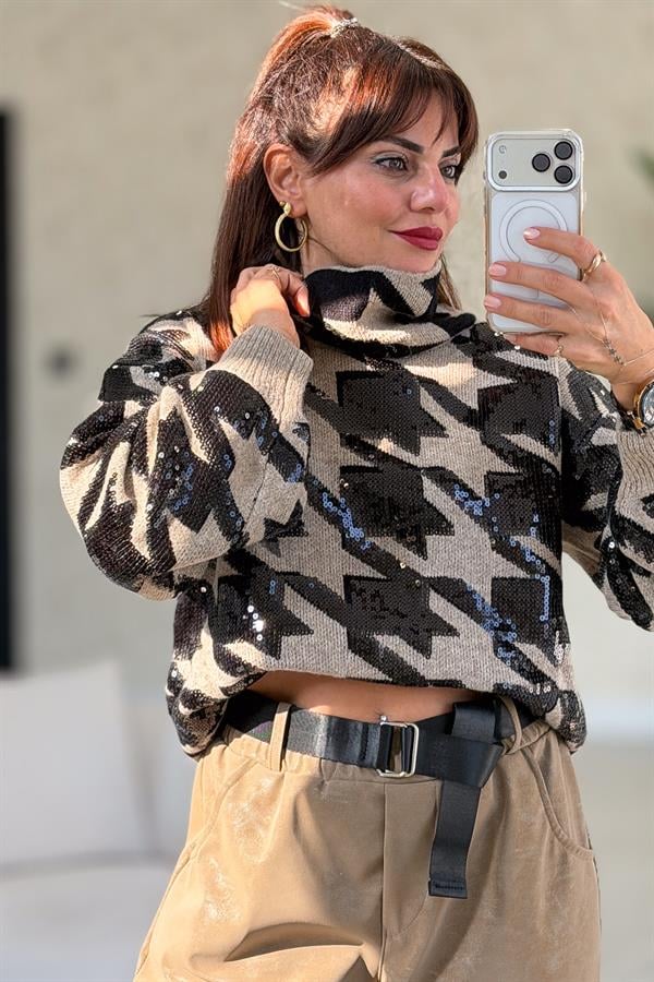 Pul Payetli Balıkçı Yaka Premium Kazak Vizon Renk