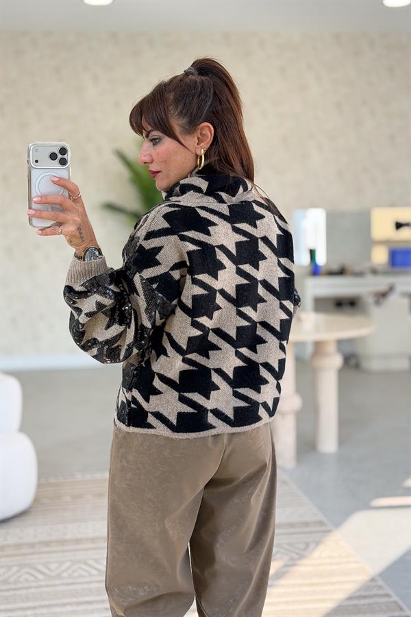 Pul Payetli Balıkçı Yaka Premium Kazak Vizon Renk