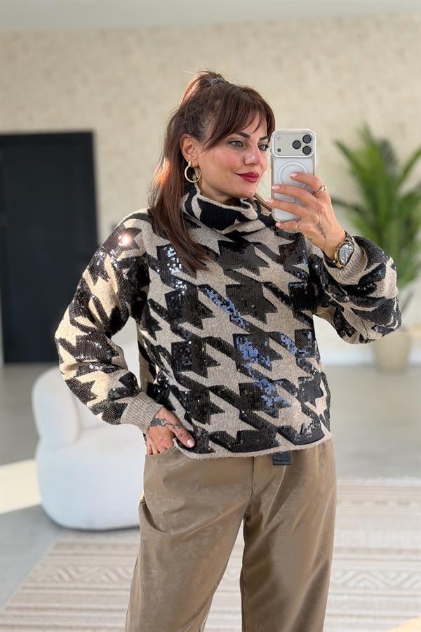 Pul Payetli Balıkçı Yaka Premium Kazak Vizon Renk