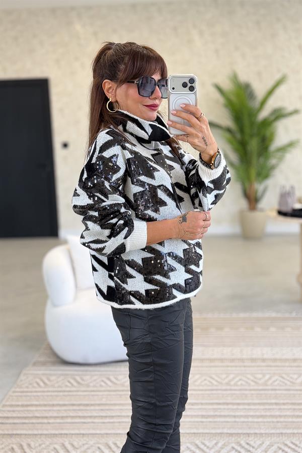 Pul Payetli Balıkçı Yaka Premium Kazak Beyaz Renk