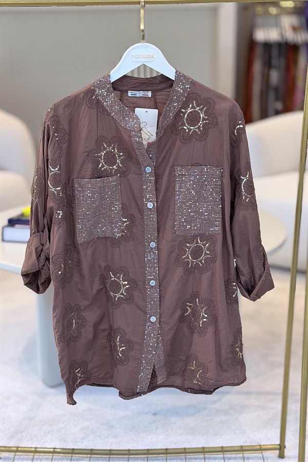 Pullu Çiçek Desenli Gömlek Acı Kahve Renk