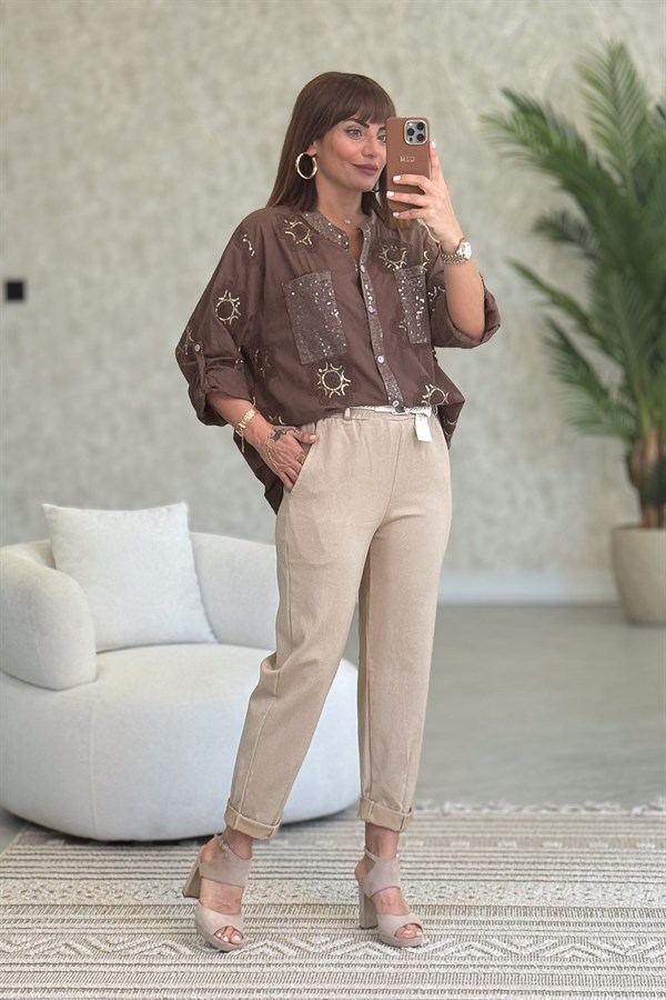 Pullu Çiçek Desenli Gömlek Acı Kahve Renk