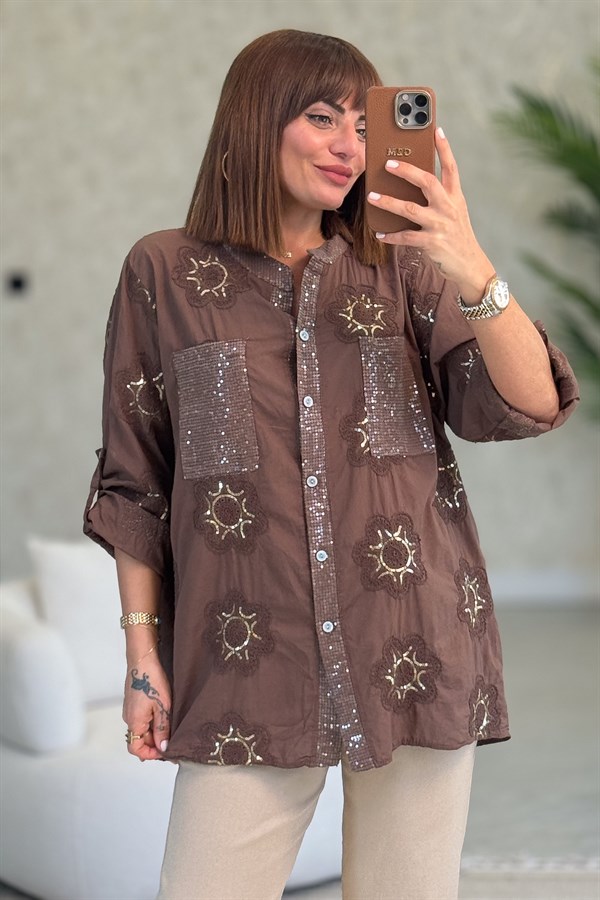 Pullu Çiçek Desenli Gömlek Acı Kahve Renk