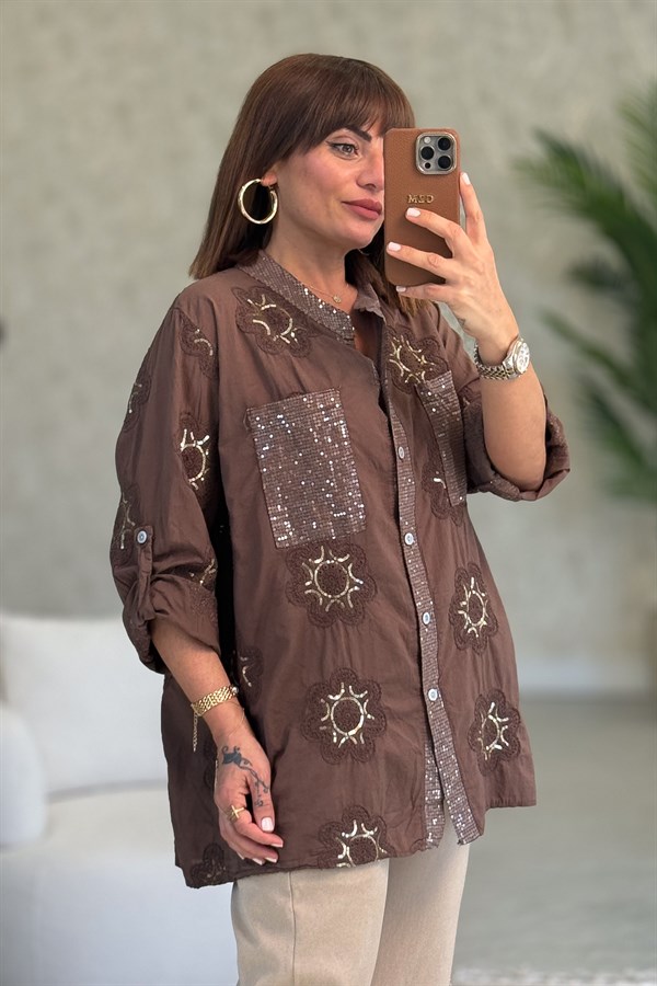 Pullu Çiçek Desenli Gömlek Acı Kahve Renk