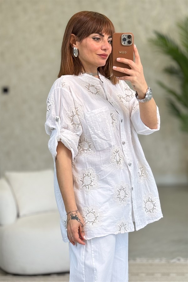 Pullu Çiçek Desenli Gömlek Beyaz Renk