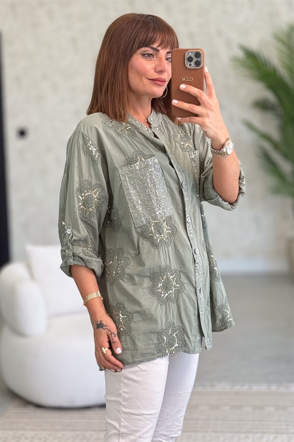 Pullu Çiçek Desenli Gömlek Haki Renk