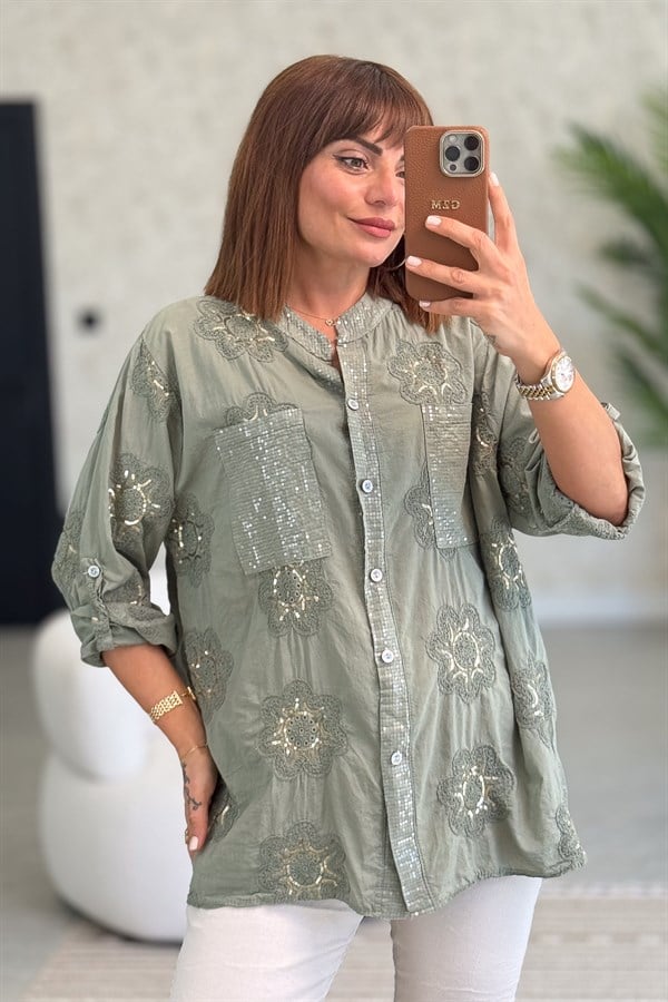 Pullu Çiçek Desenli Gömlek Haki Renk