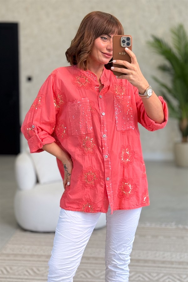 Pullu Çiçek Desenli Gömlek Mercan Renk