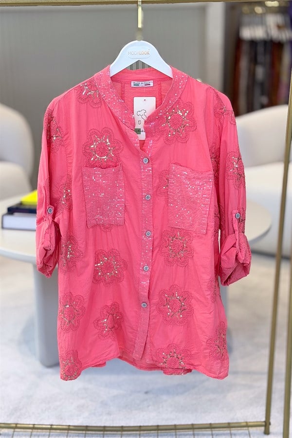 Pullu Çiçek Desenli Gömlek Mercan Renk