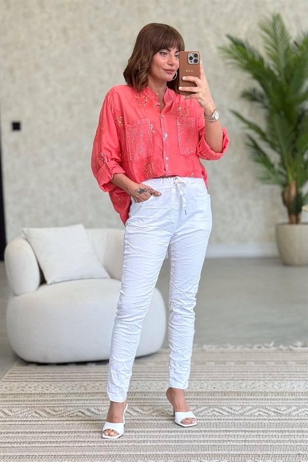 Pullu Çiçek Desenli Gömlek Mercan Renk