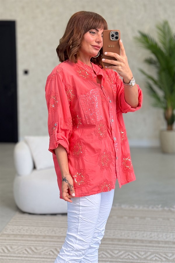 Pullu Çiçek Desenli Gömlek Mercan Renk