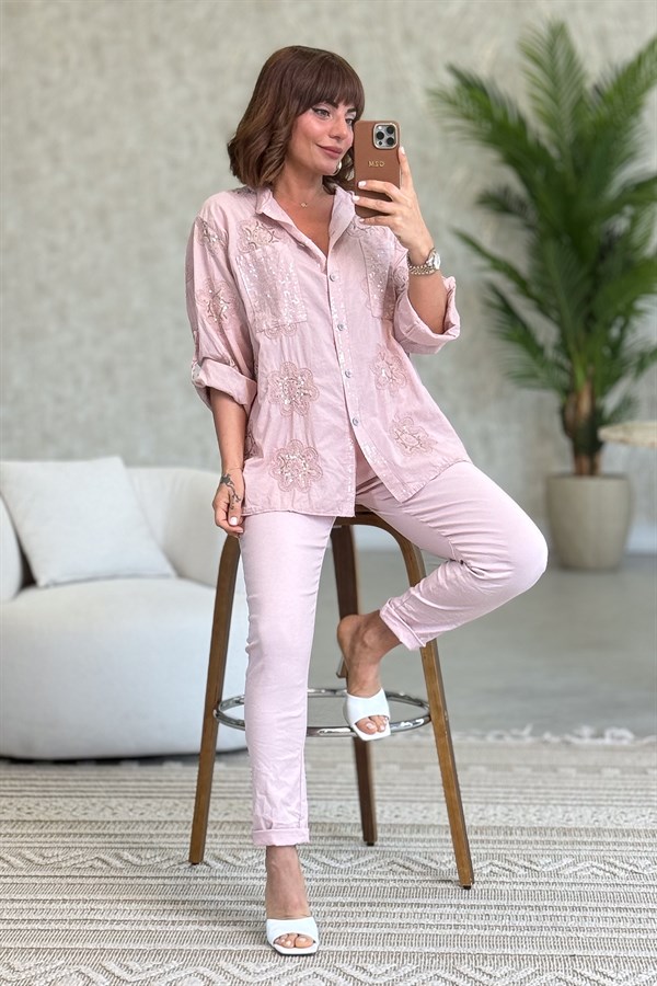 Pullu Çiçek Desenli Gömlek Pudra Renk