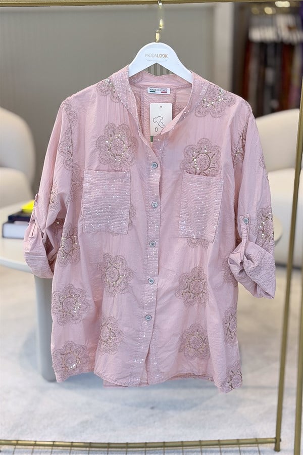 Pullu Çiçek Desenli Gömlek Pudra Renk