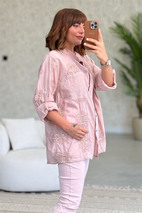 Pullu Çiçek Desenli Gömlek Pudra Renk