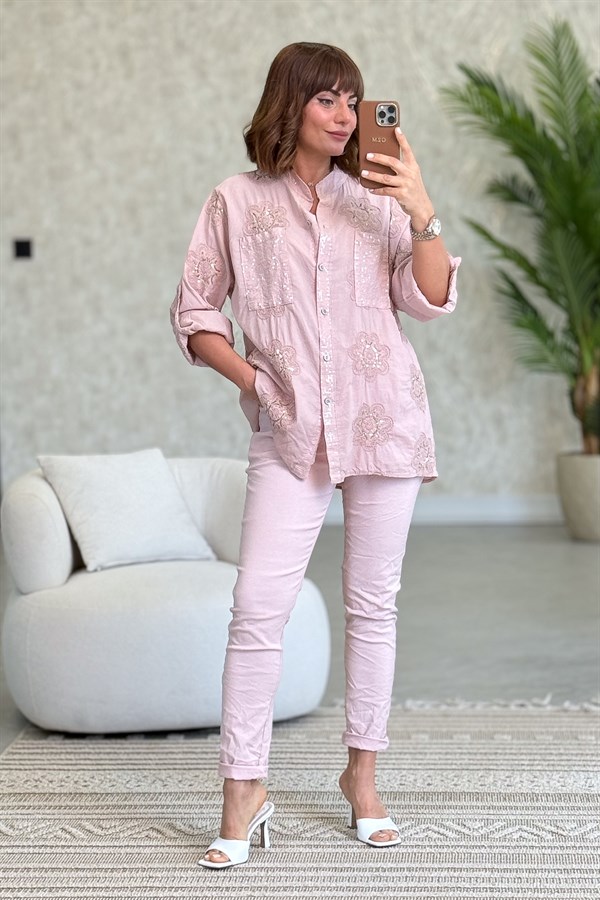 Pullu Çiçek Desenli Gömlek Pudra Renk