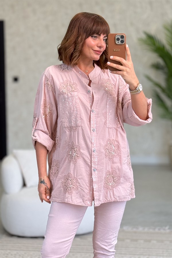 Pullu Çiçek Desenli Gömlek Pudra Renk