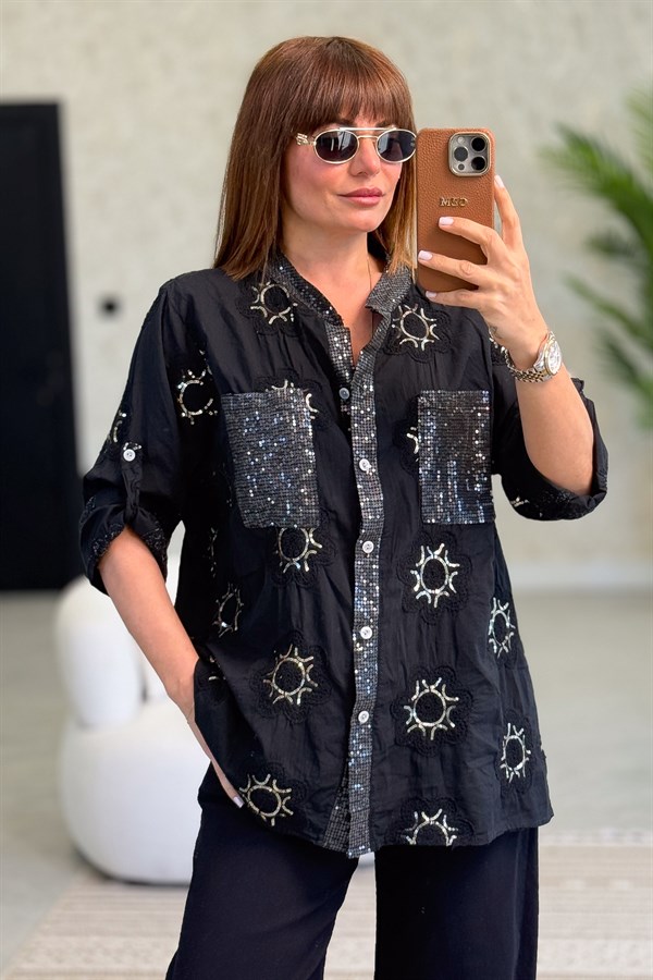 Pullu Çiçek Desenli Gömlek Siyah Renk