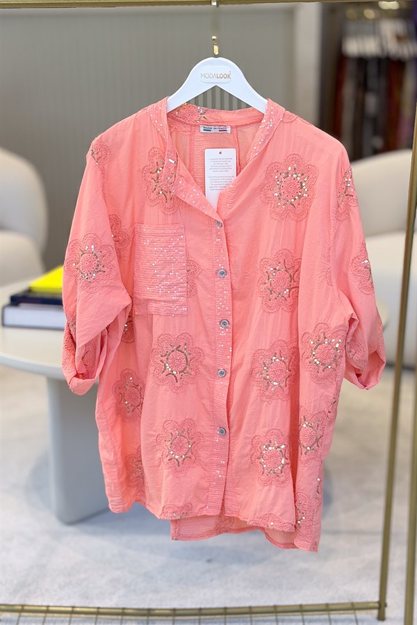 Pullu Çiçek Desenli Gömlek Somon Renk