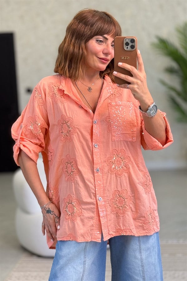 Pullu Çiçek Desenli Gömlek Somon Renk