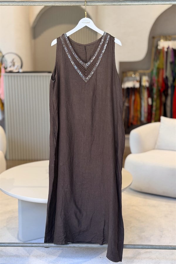 Pullu V Yaka Kolsuz Keten Elbise Acı Kahve RenkELBİSE